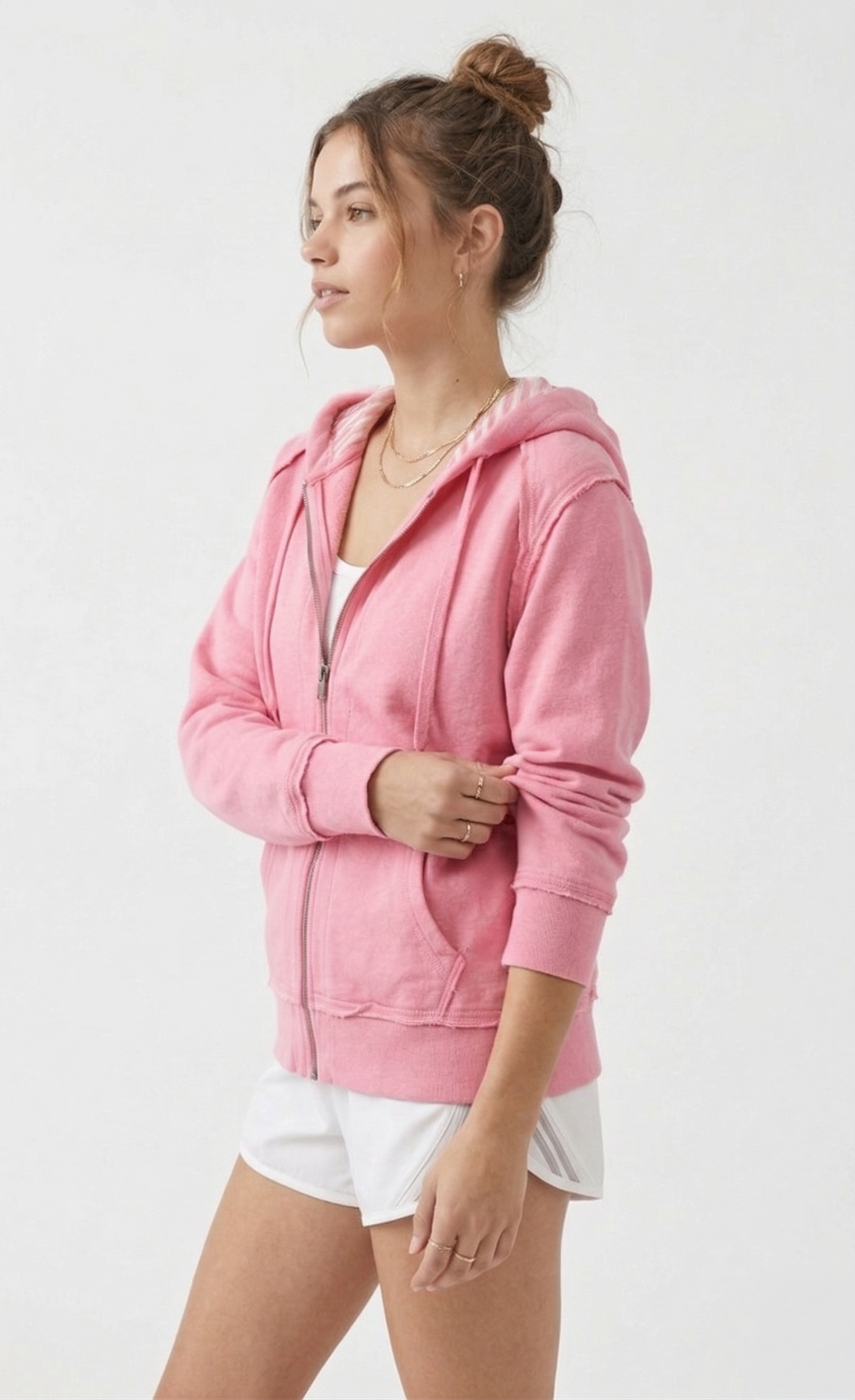 Cotton Candy Pink Raw Seam Zip-Up Hoodie