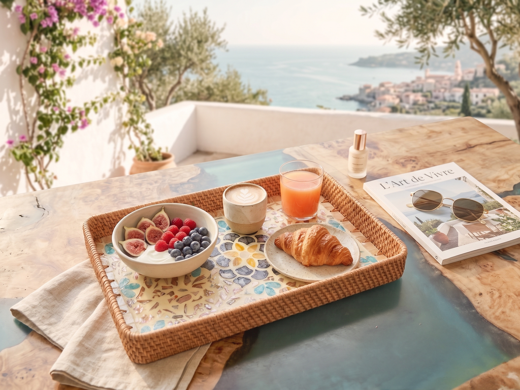Handmade Rattan & Shell Mosaic Decorative Tray | Coastal Boho Mother of Pearl Inlay