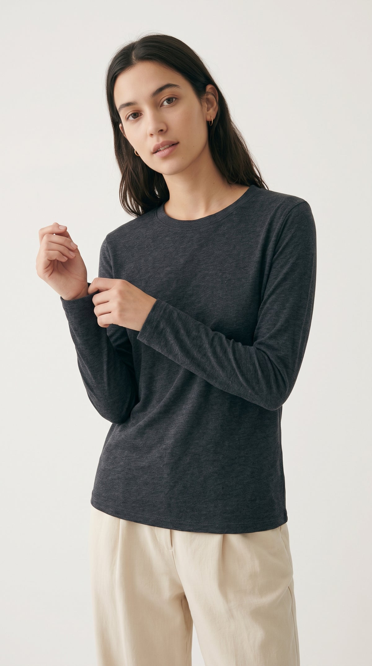 #713 Charcoal Heather Long Sleeve Cotton Blend Crewneck Top