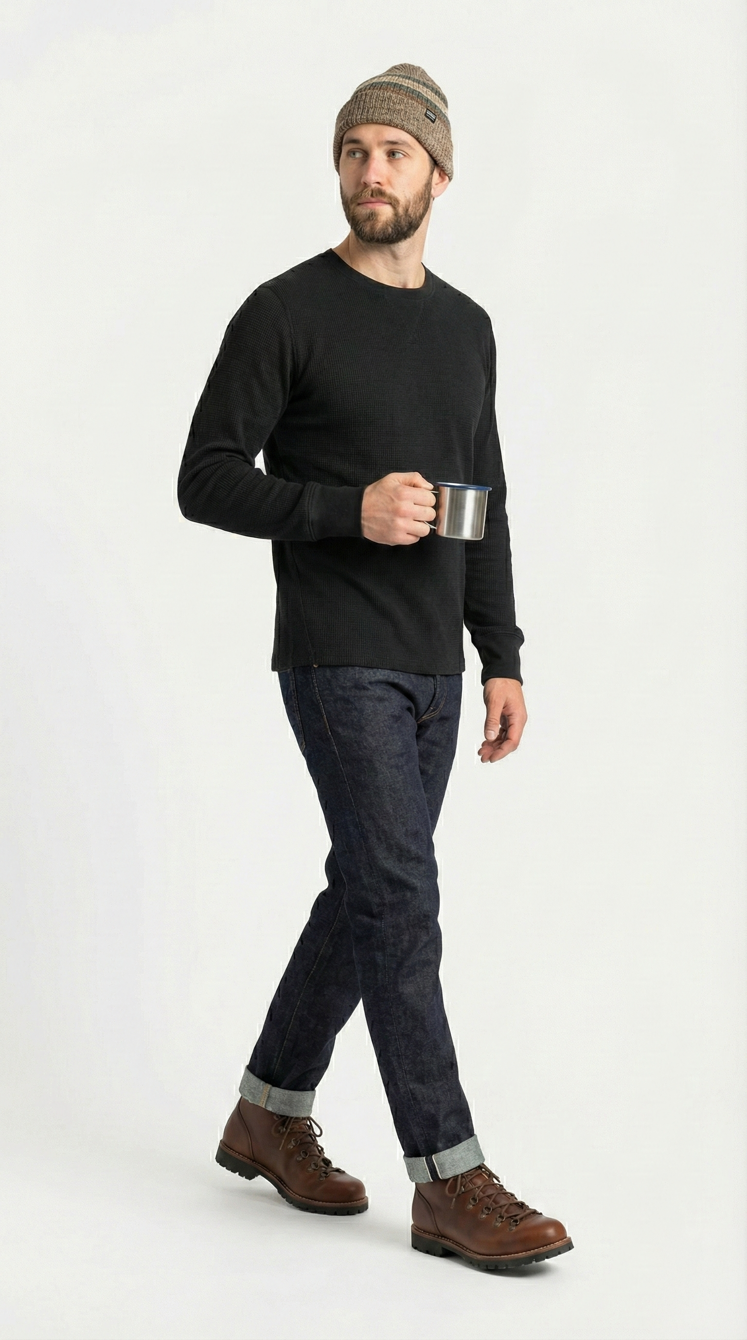 Unisex Heavyweight Waffle Knit Thermal Crewneck - Black (80% Cotton / 20% Poly)