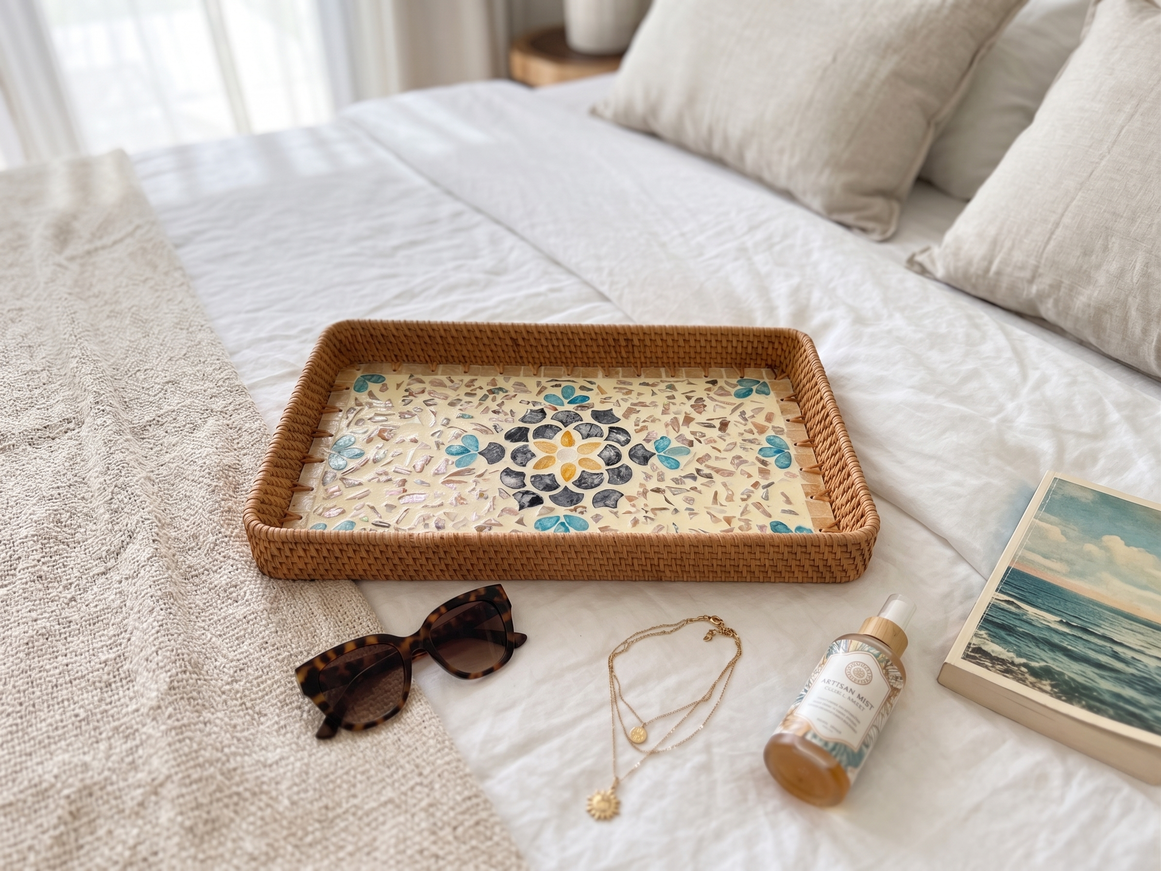 Handmade Rattan & Shell Mosaic Decorative Tray | Coastal Boho Mother of Pearl Inlay