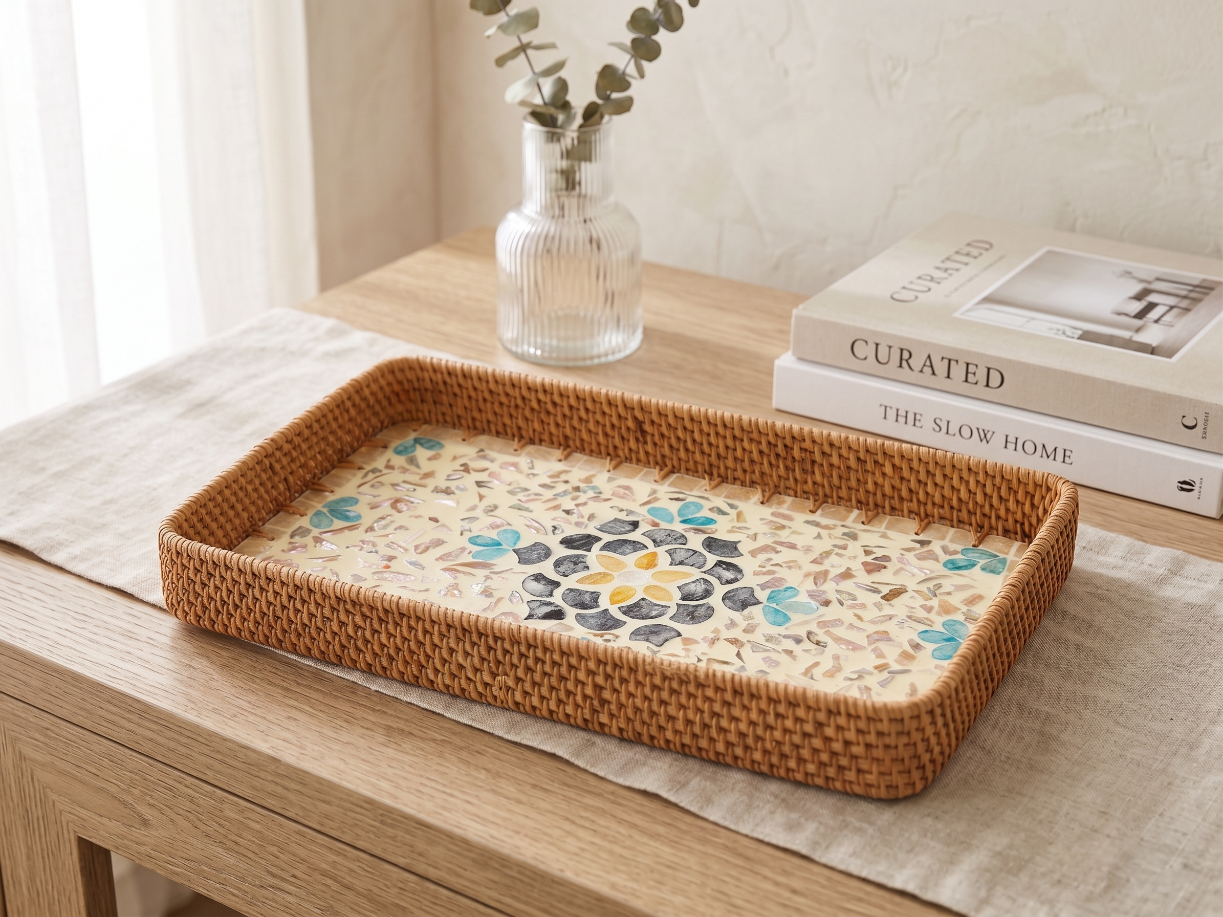 Handmade Rattan & Shell Mosaic Decorative Tray | Coastal Boho Mother of Pearl Inlay