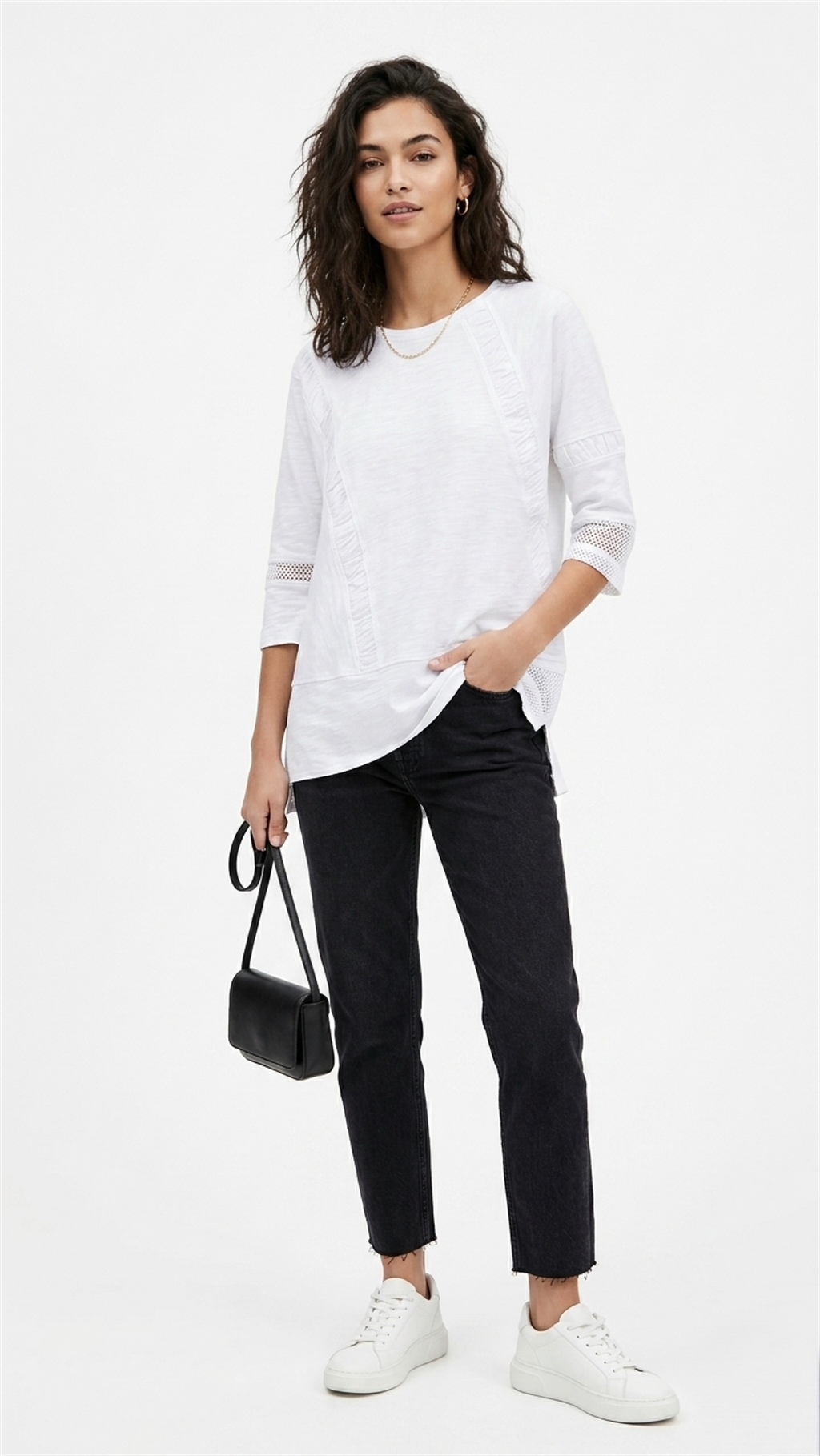 Womens 100% Cotton French Terry Top with Mesh and Textured Sleeves - White