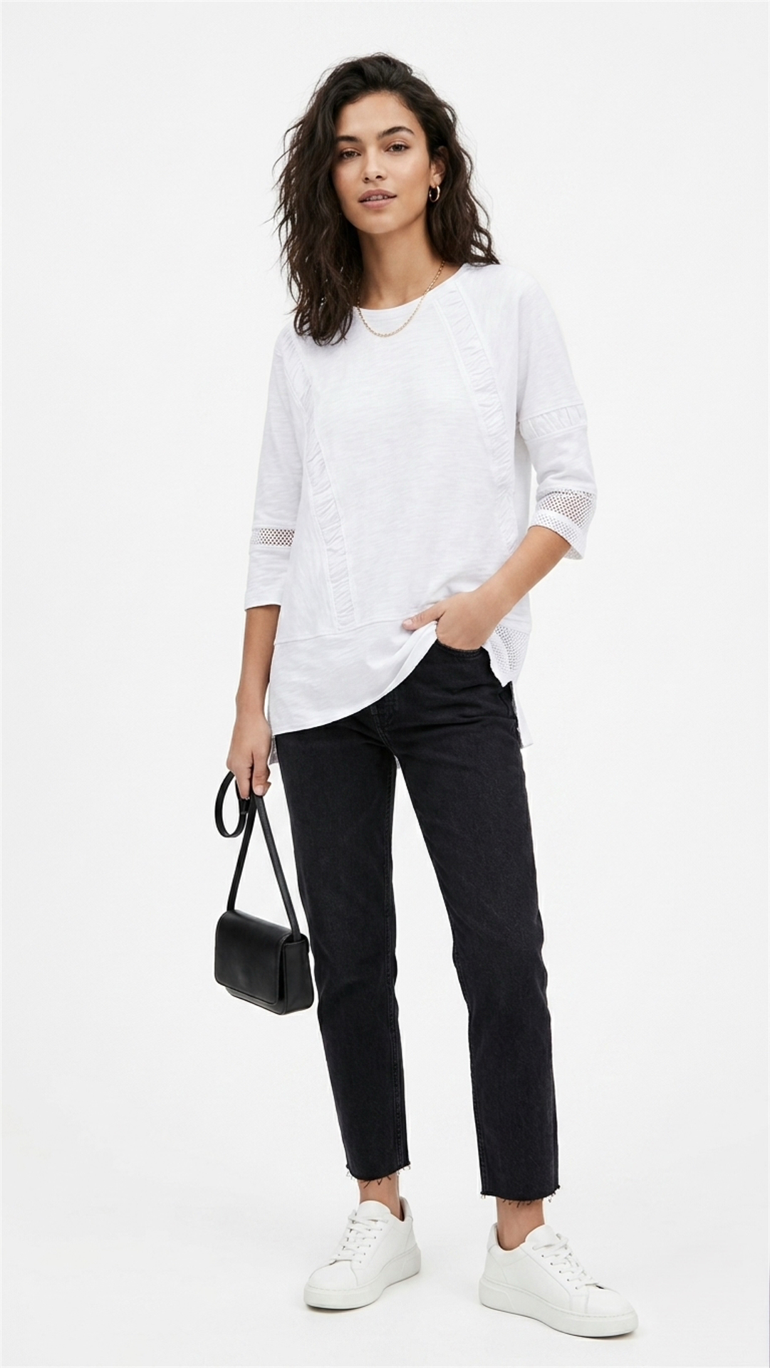 Womens 100% Cotton French Terry Top with Mesh and Textured Sleeves - White