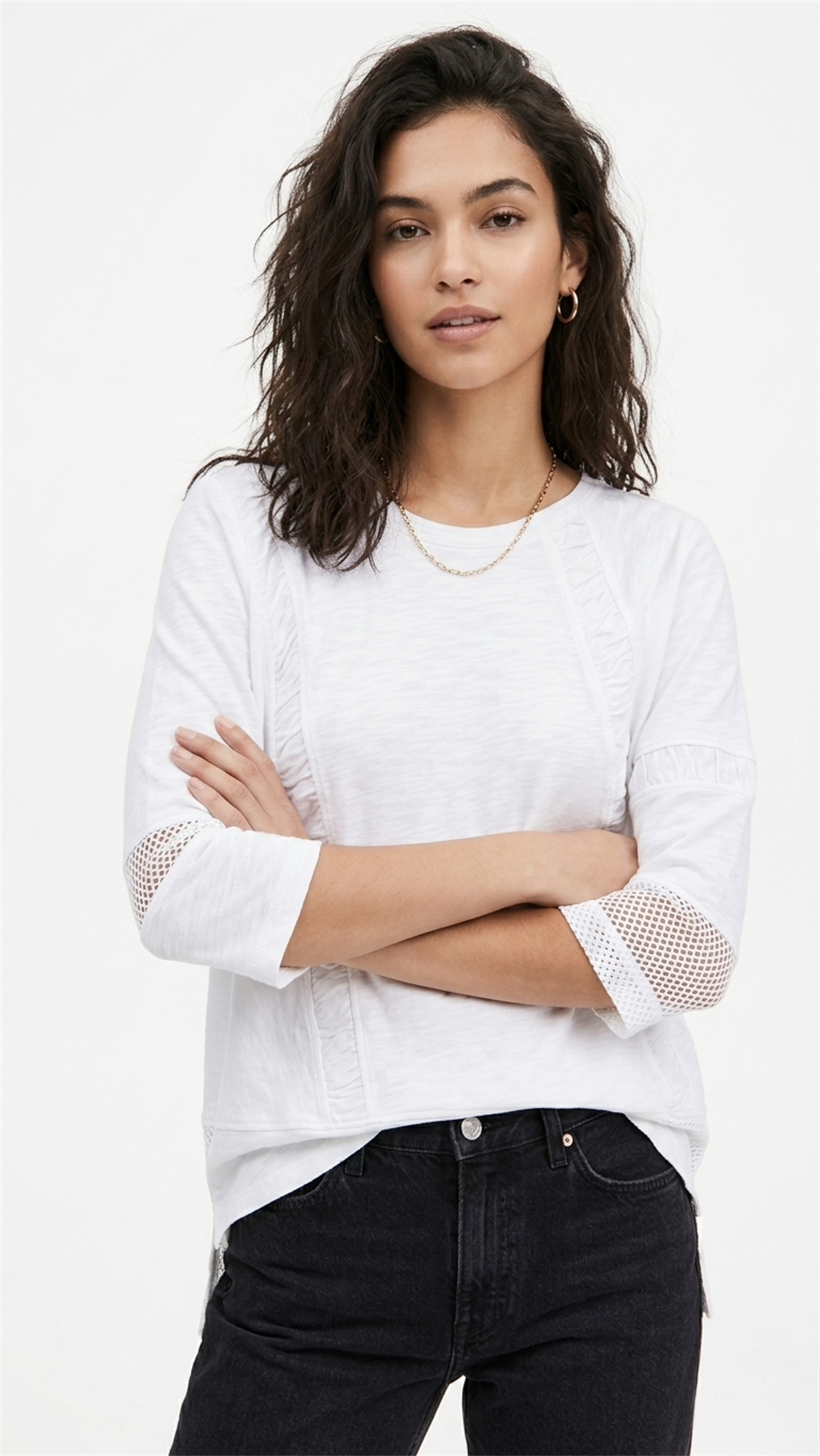 Womens 100% Cotton French Terry Top with Mesh and Textured Sleeves - White