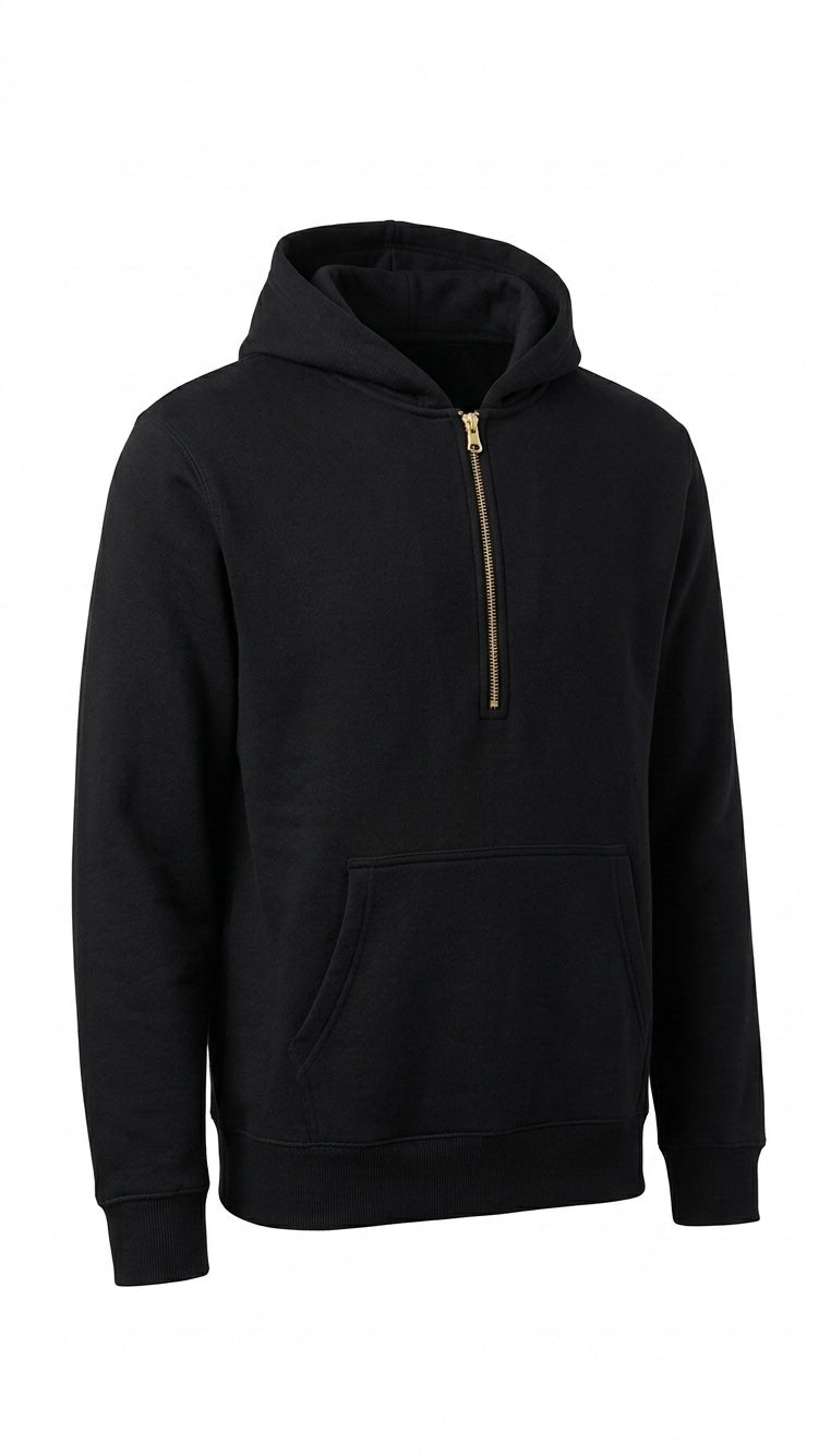 Men's Black 1/4 Zip Hoodie Pullover Sweatshirt Fleece Kangaroo Pocket CLEARANCE