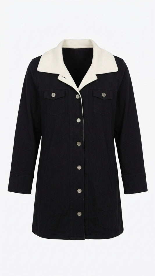 Women’s Black Button Down Shirt White Contrast Collar Tunic-M