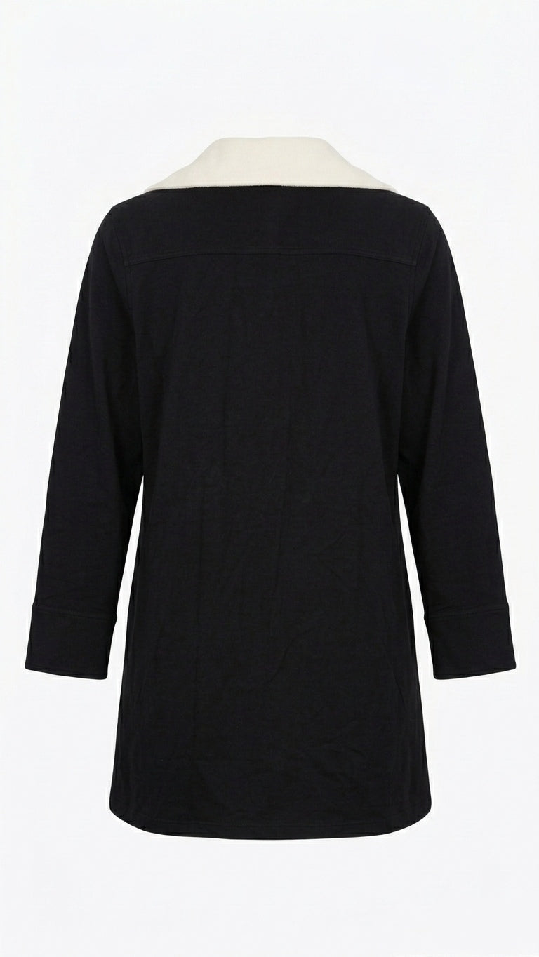 Women’s Black Button Down Shirt White Contrast Collar Tunic-M