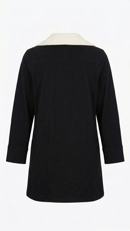 Women’s Black Button Down Shirt White Contrast Collar Tunic-M
