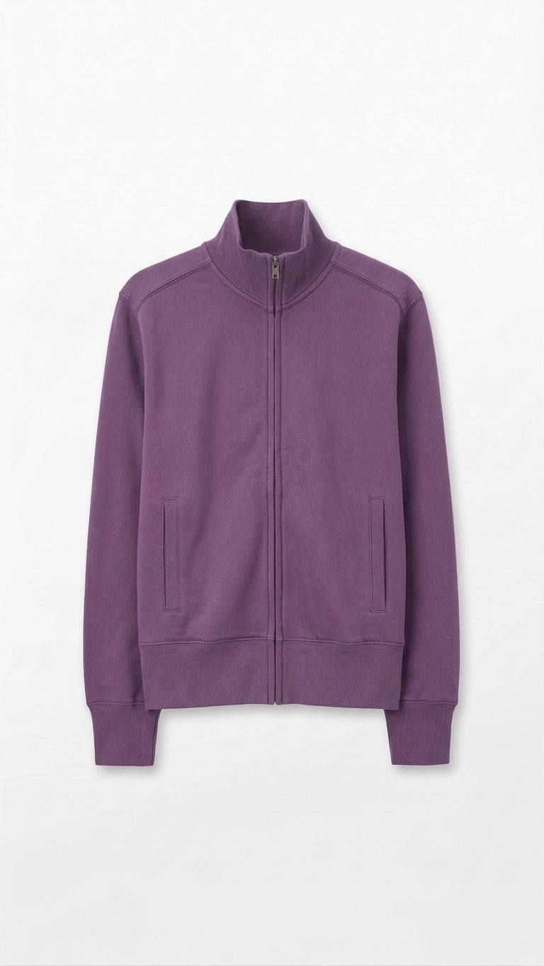 Purple Full Zip Mock Neck Sweatshirt Jacket Size Large Cotton Blend Welt Pockets