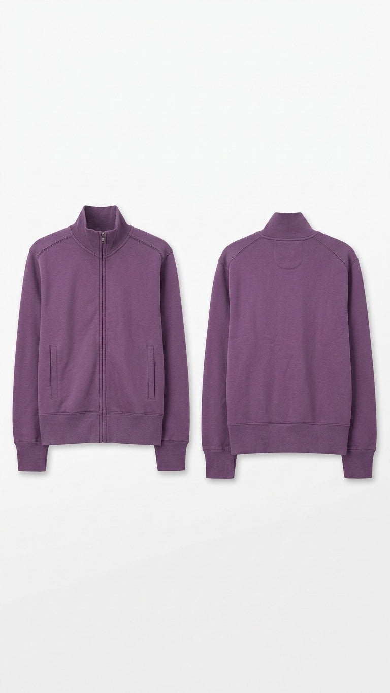 Purple Full Zip Mock Neck Sweatshirt Jacket Size Large Cotton Blend Welt Pockets