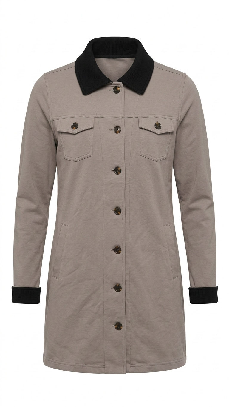 Women’s Taupe Maxi Jacket Shacket Size M Stretch French Terry Black Collar