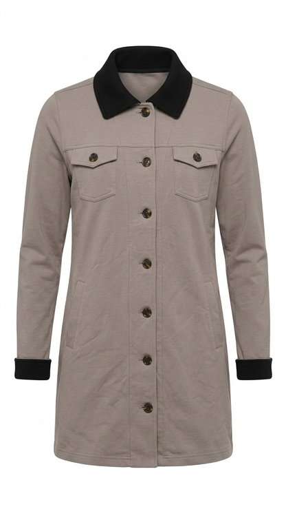 Women’s Taupe Maxi Jacket Shacket Size M Stretch French Terry Black Collar
