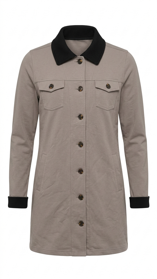 Women’s Taupe Maxi Jacket Shacket Size M Stretch French Terry Black Collar
