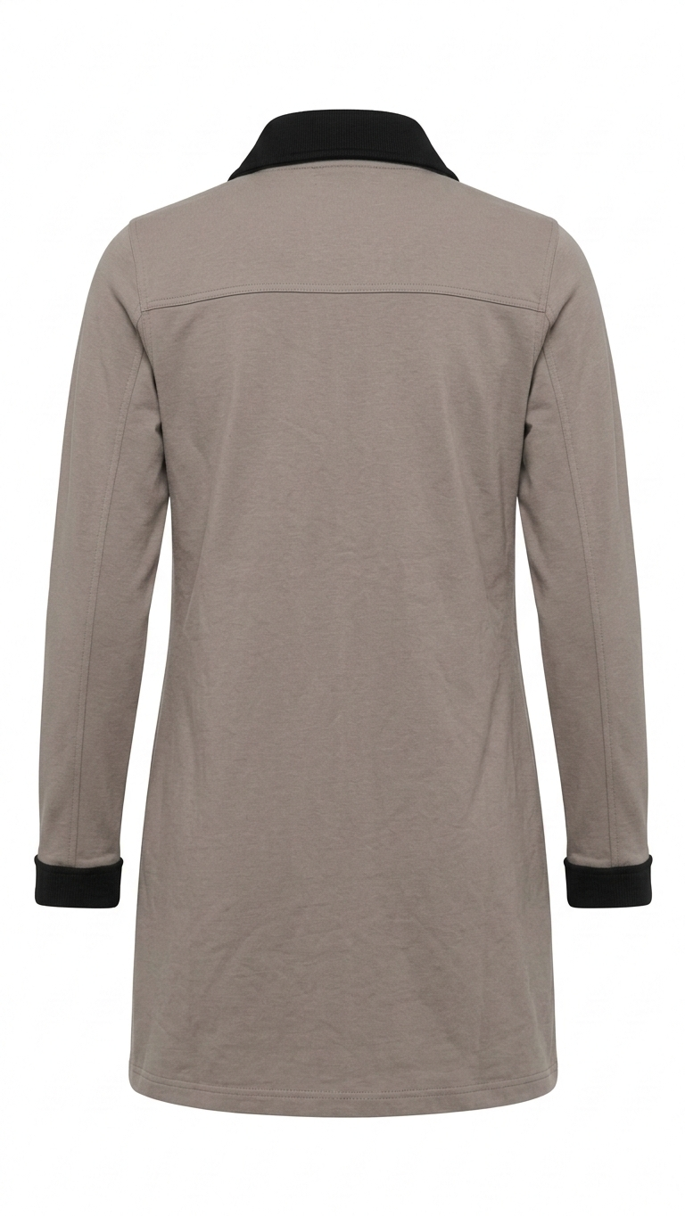 Women’s Taupe Maxi Jacket Shacket Size M Stretch French Terry Black Collar