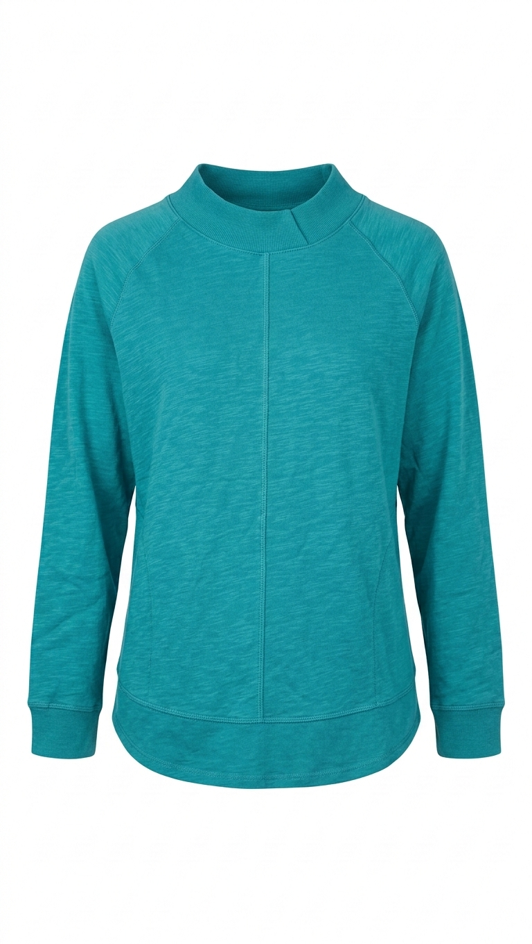 100% Cotton Slub French Terry Long Sleeve Curved Hem Mock Neck Top Med Clearance