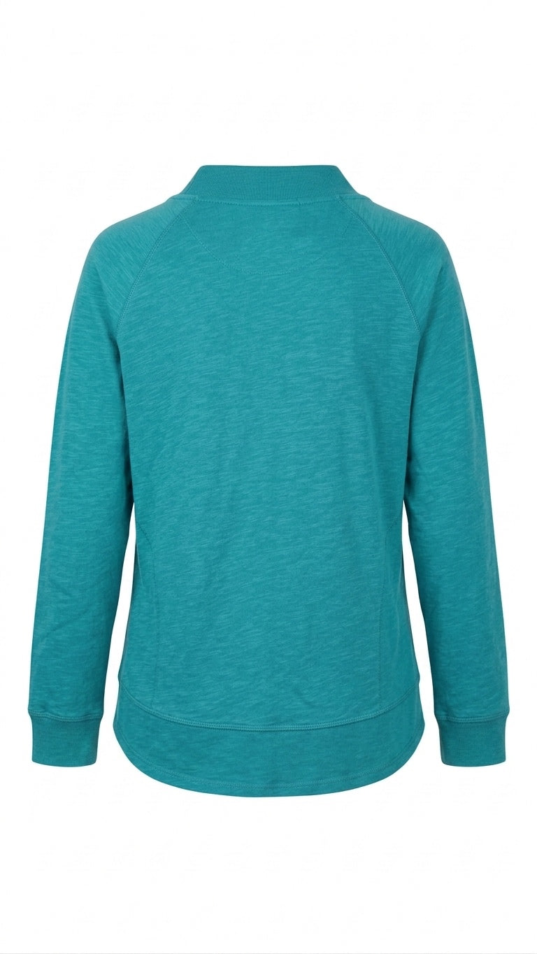 100% Cotton Slub French Terry Long Sleeve Curved Hem Mock Neck Top Med Clearance