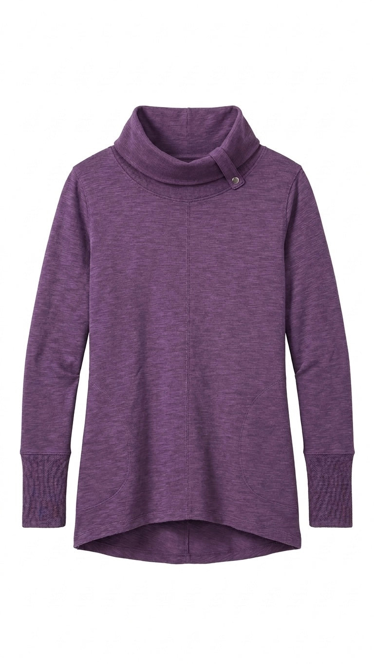 Purple 100% Cotton Slub Knit Cowl Neck Top Size Medium Asymmetrical Thumbhole