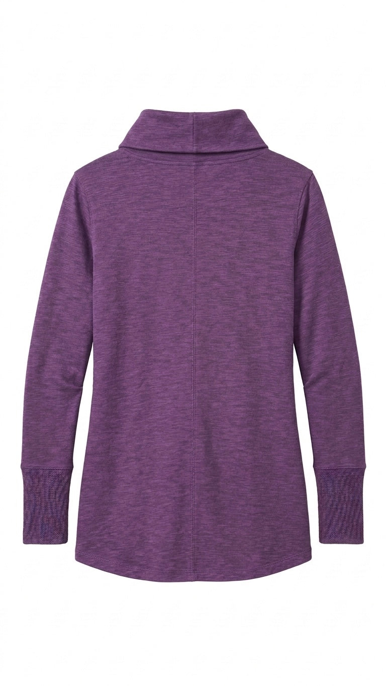 Purple 100% Cotton Slub Knit Cowl Neck Top Size Medium Asymmetrical Thumbhole