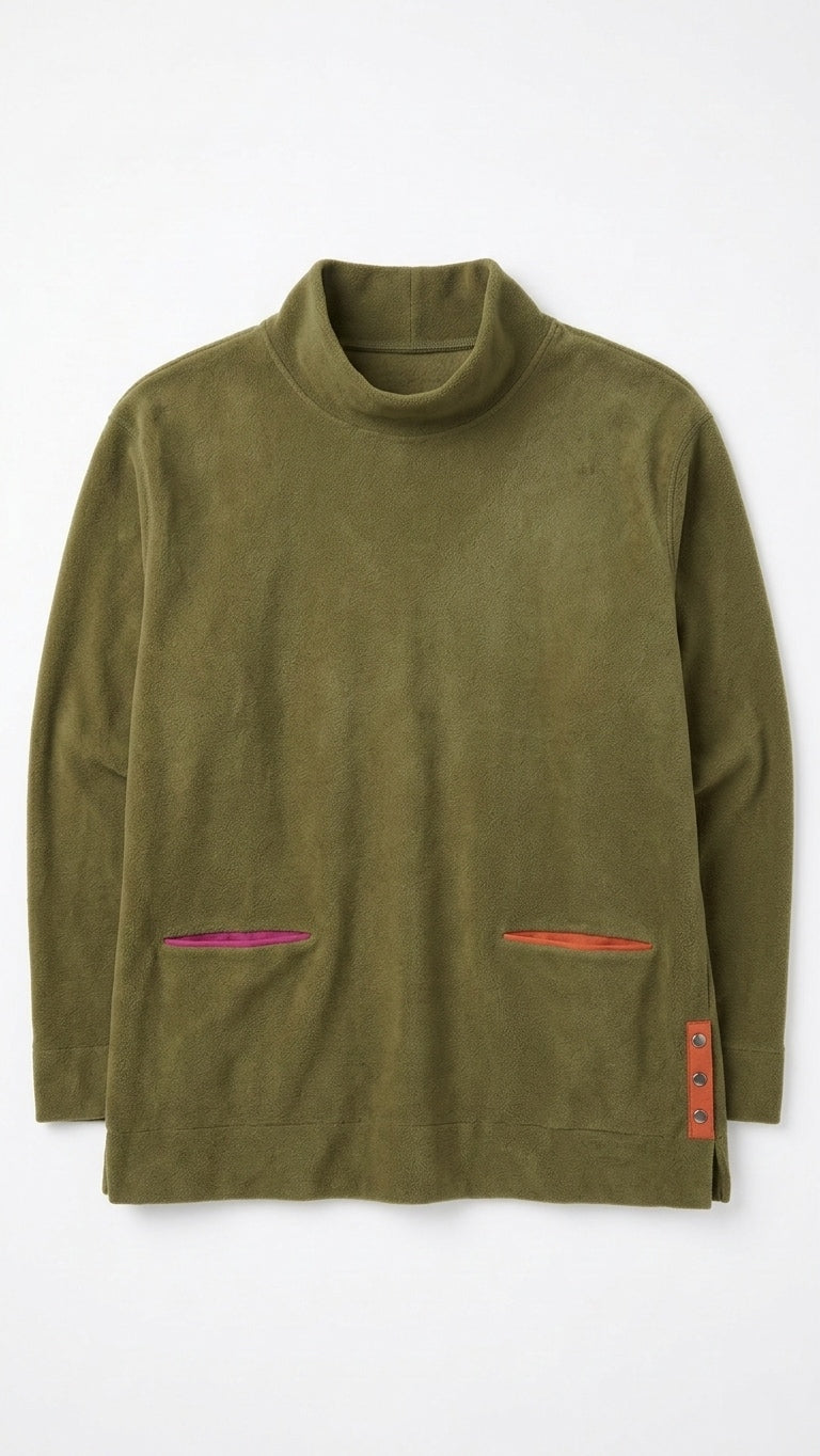 CLEARANCE! Olive Green Fleece Mock Neck Pullover - Unique Contrast Pockets