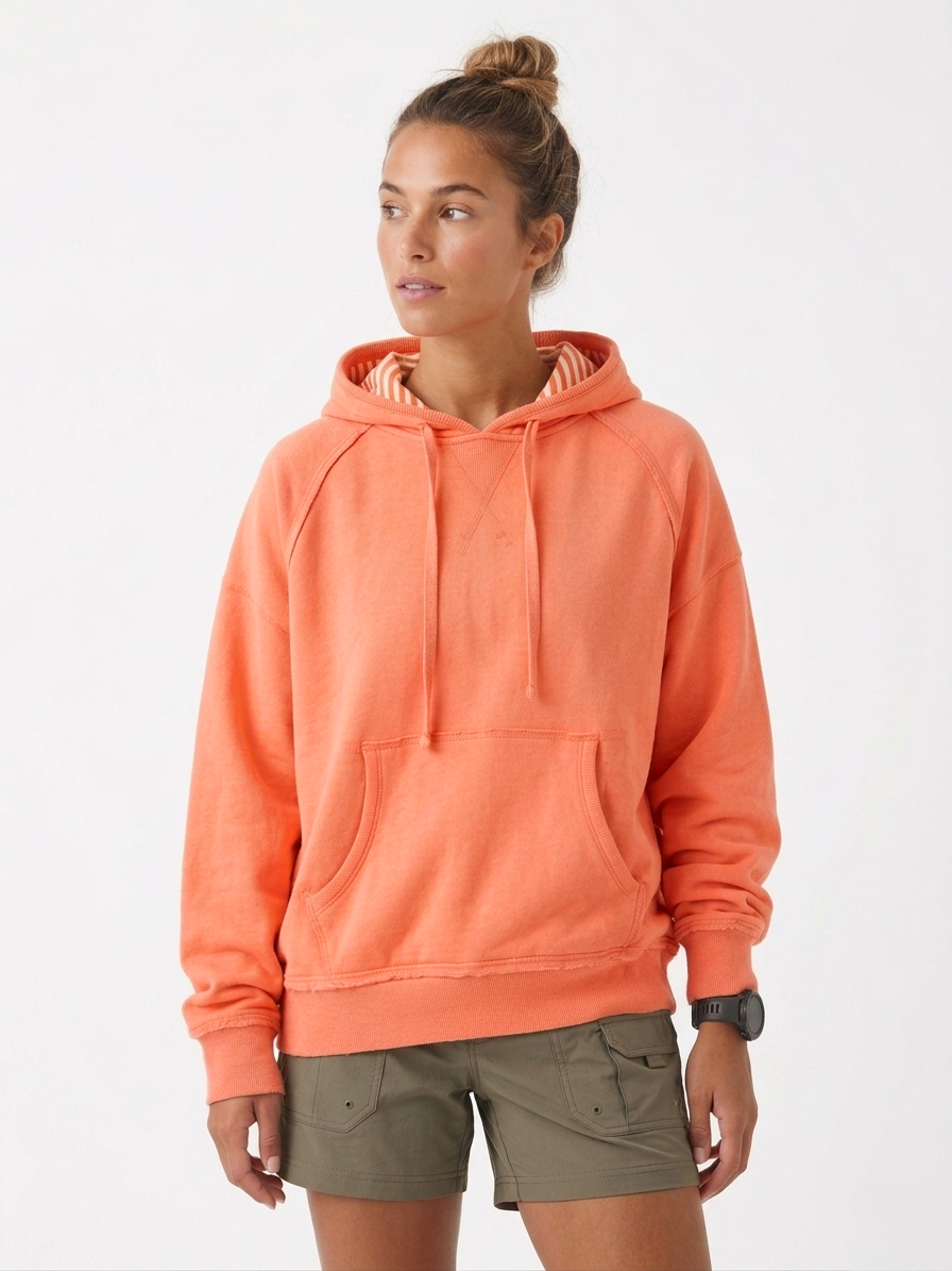 Sunset Peach Color-Edge Raglan Hoodie with Striped Lining