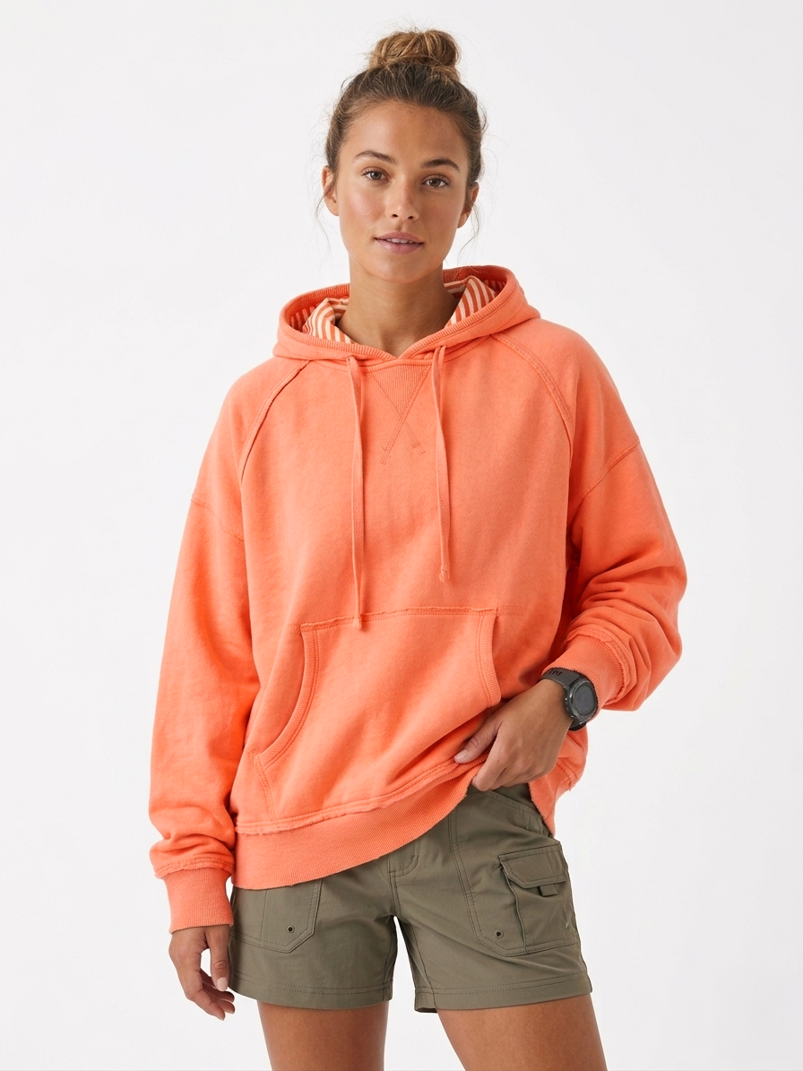 Sunset Peach Color-Edge Raglan Hoodie with Striped Lining
