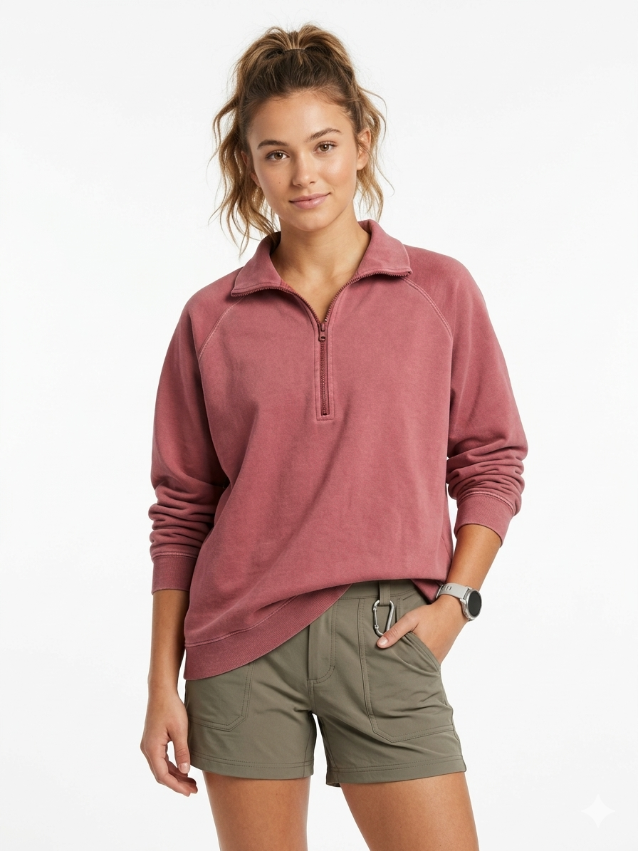 Mineral Washed Quarter-Zip Fleece Pullover - Wine