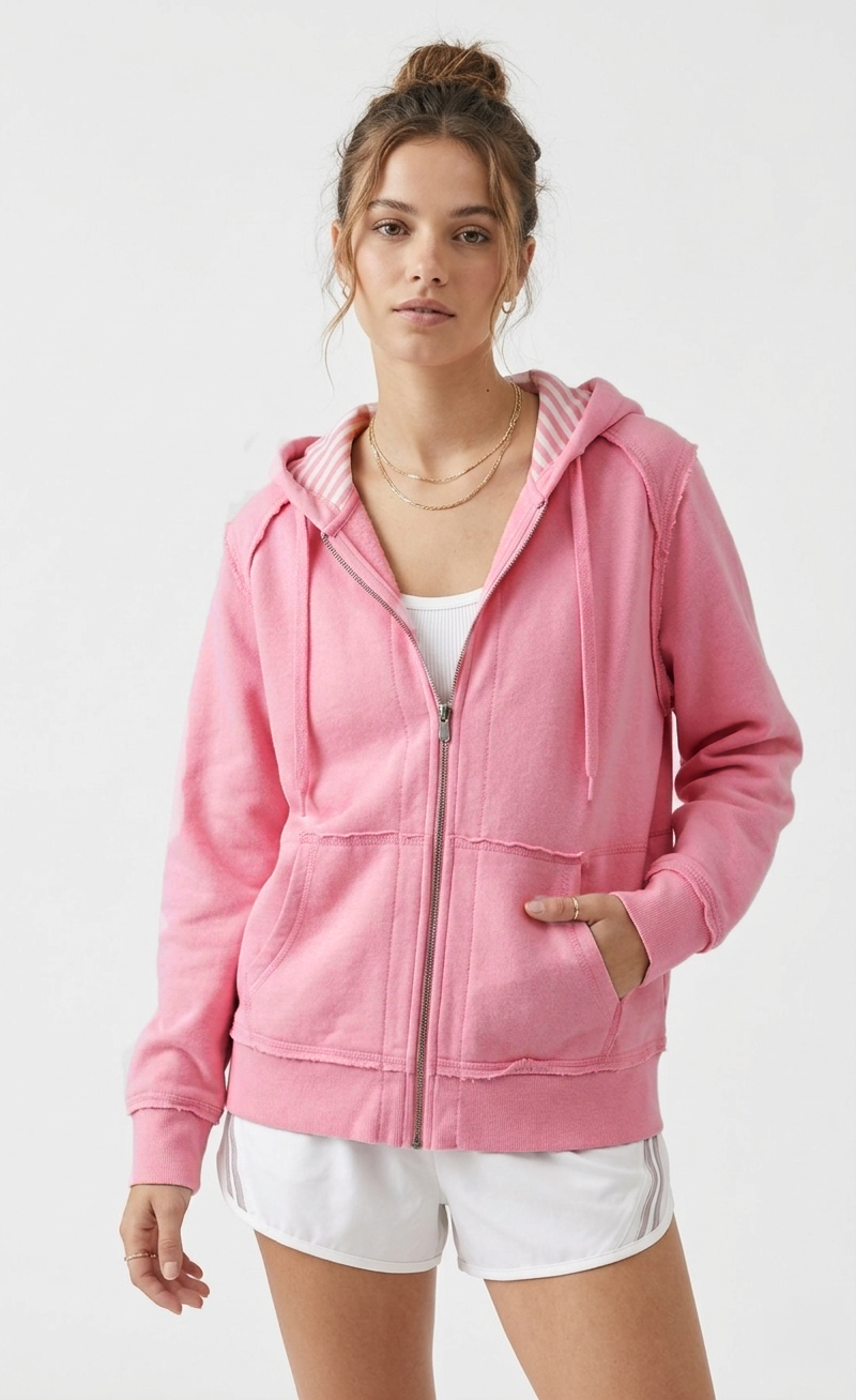 Cotton Candy Pink Raw Seam Zip-Up Hoodie