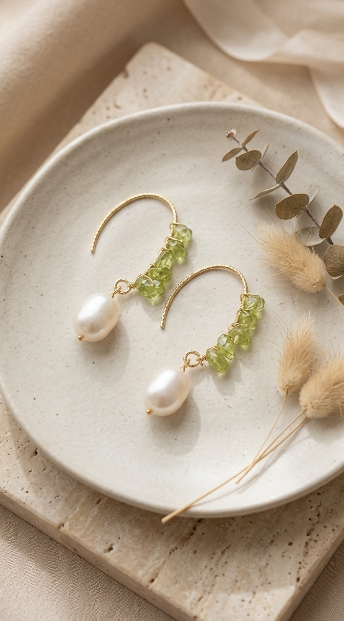 Verdant Muse Hand-Wrapped Peridot & Teardrop Pearl Earrings