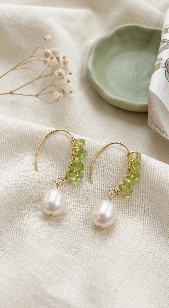 Verdant Muse Hand-Wrapped Peridot & Teardrop Pearl Earrings