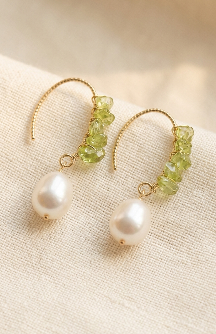 Verdant Muse Hand-Wrapped Peridot & Teardrop Pearl Earrings
