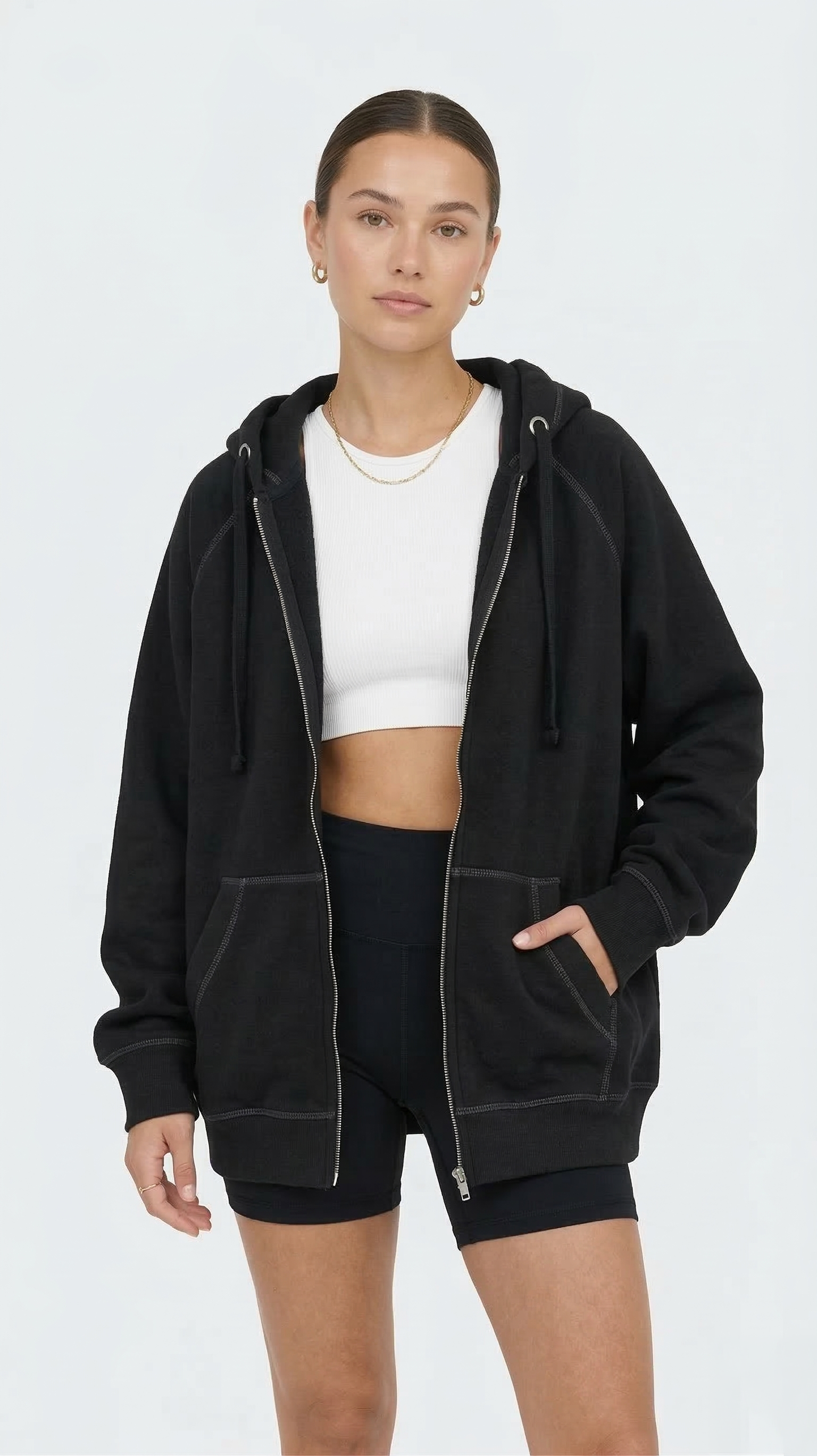 Women's Oversized Black Zip-Up Hoodie Sweatshirt Contrast Stitch Minimalist