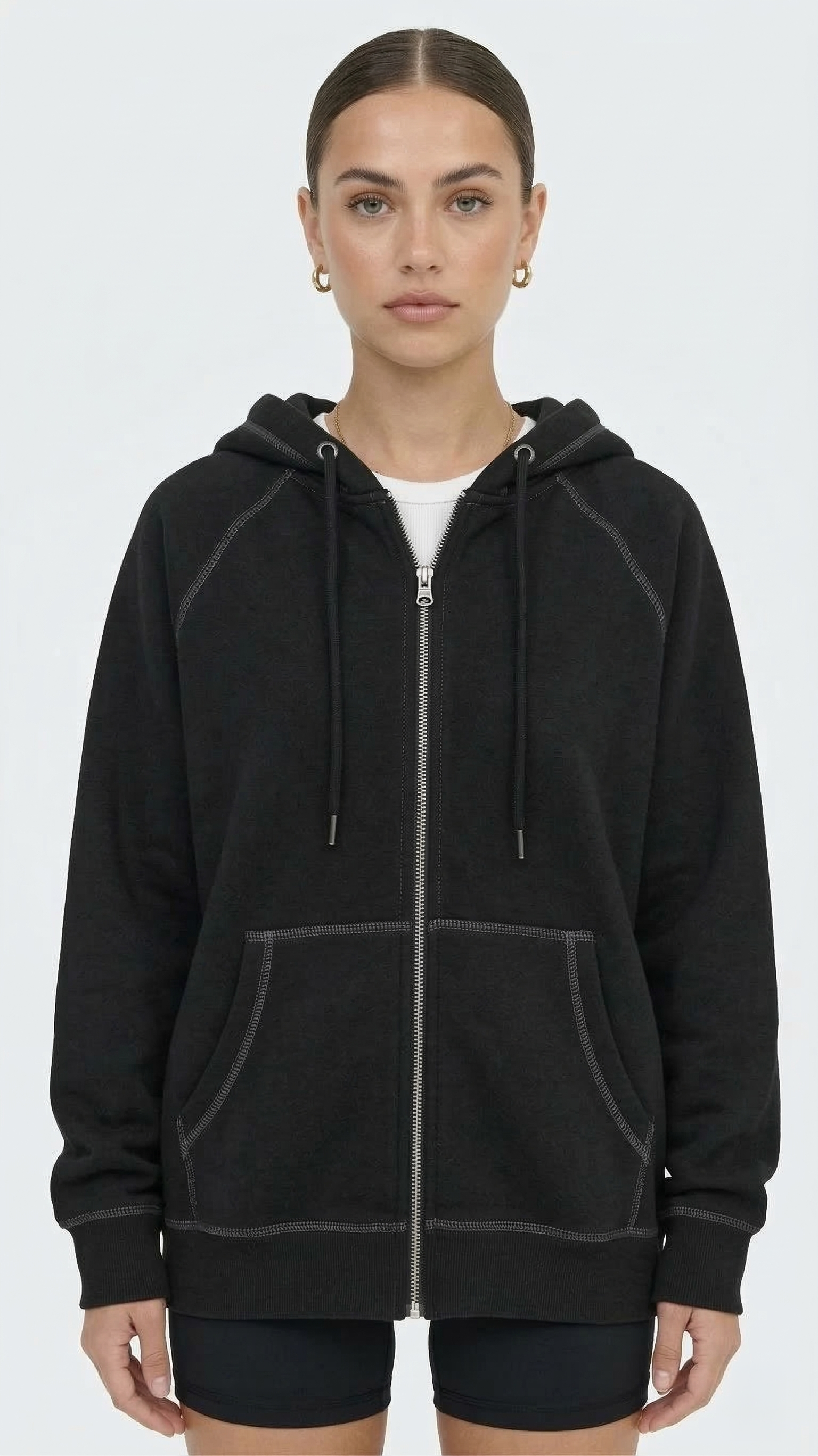 Women's Oversized Black Zip-Up Hoodie Sweatshirt Contrast Stitch Minimalist
