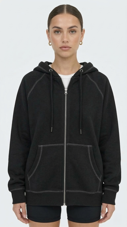 Women's Oversized Black Zip-Up Hoodie Sweatshirt Contrast Stitch Minimalist