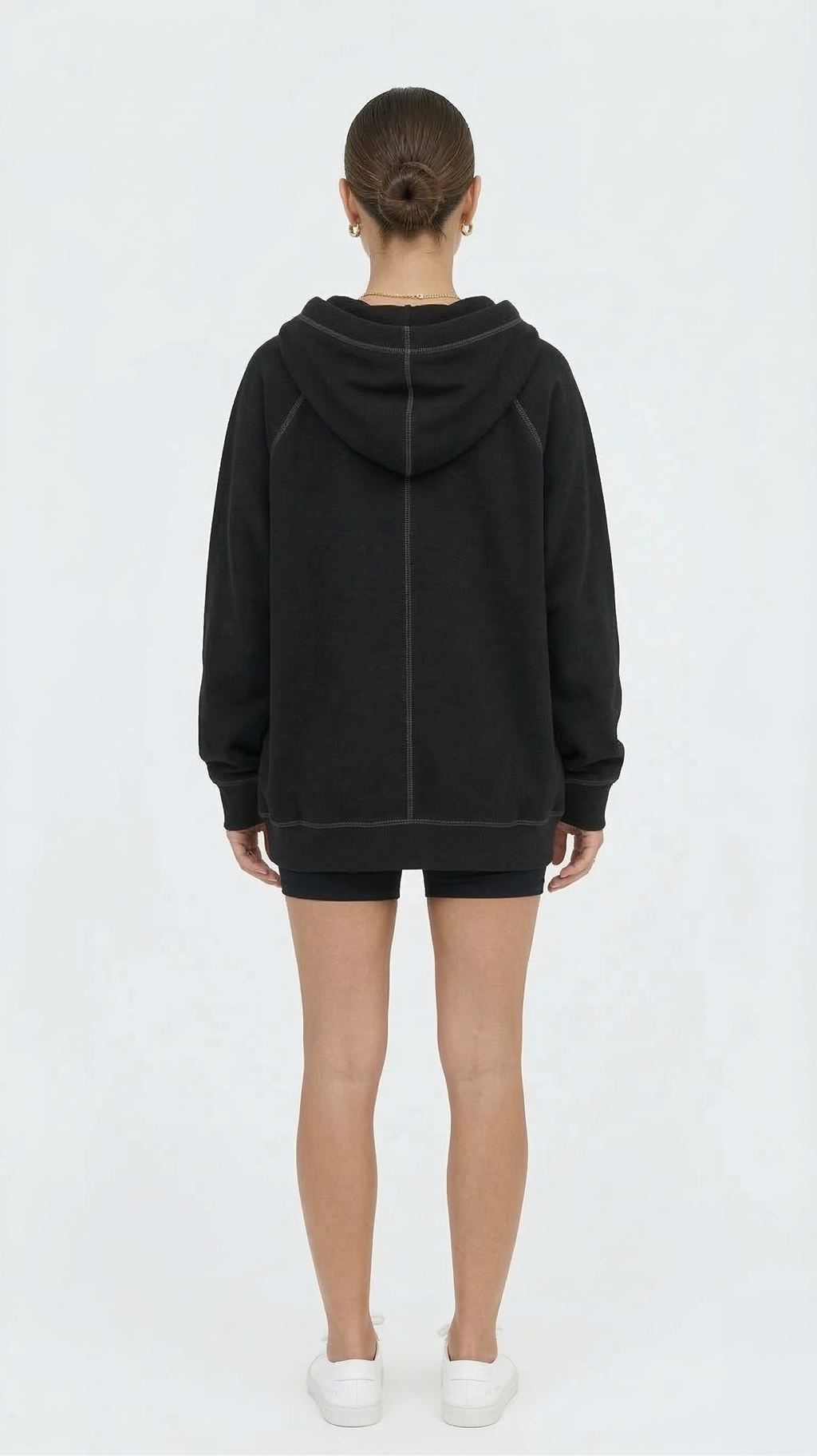 Women's Oversized Black Zip-Up Hoodie Sweatshirt Contrast Stitch Minimalist
