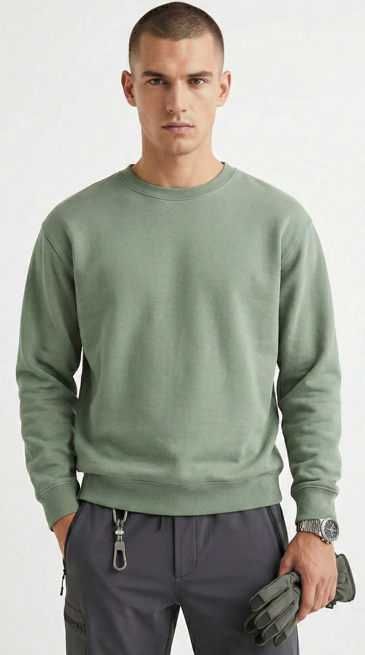 Men Essential Cotton-Blend Crewneck Sweatshirt -Sage