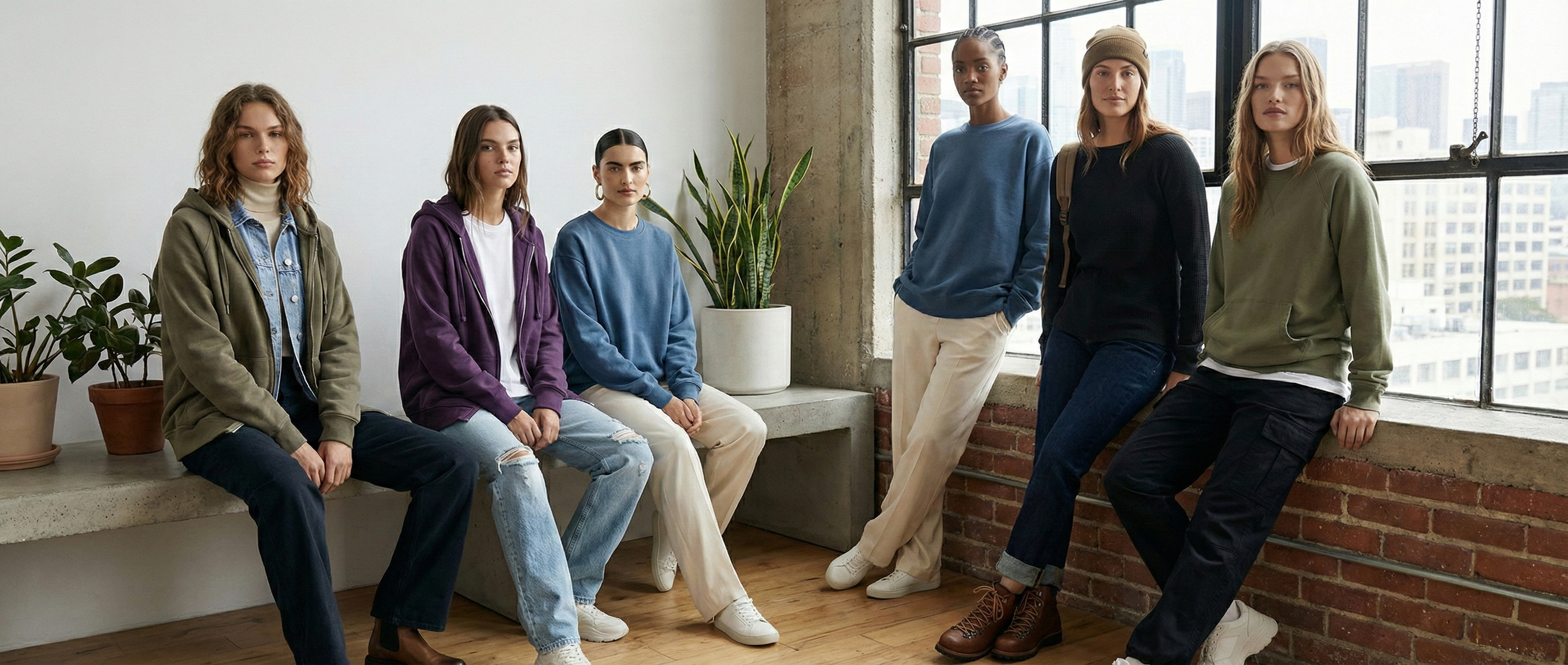 Tiny Lover Clothing lifestyle banner featuring a diverse group of models wearing modern streetwear, including unisex hoodies, crewneck sweatshirts, and denim in a clean industrial studio.